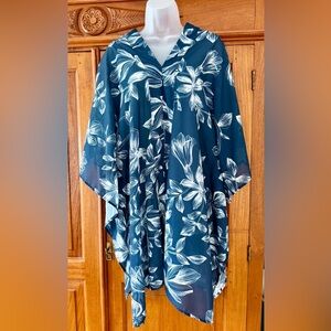 Apana Blue and White Floral Women's Top Tunic Cover up Kimono Style Resort Wear
